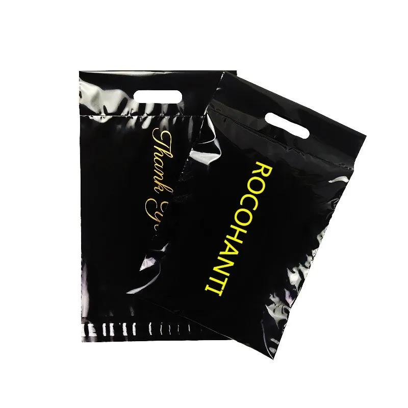맞춤형 인쇄 로고 블랙 메일러 폴리 폴리백, 플라스틱 우편 봉투 포장, 손잡이가 있는 의류 배송 가방, 100 개